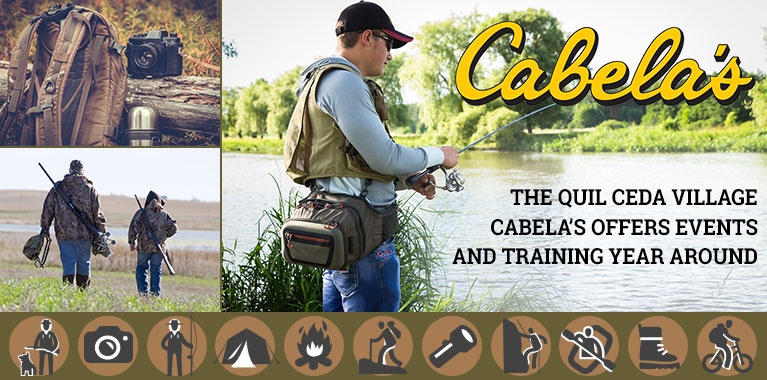 Cabela's information containing a small picture of a backpack and camera, a small picture of two people walking in wildlife, and a man fishing.