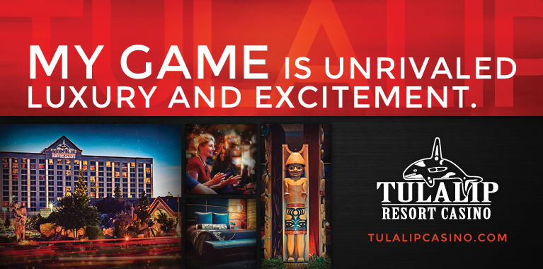 Tulalip resort casino banner containing an image of the resort, a smaller image of the rooms and tribal statues, and the resort logo.